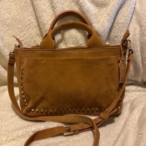 Chic Tan Suede Crossbody Bag with Stud Accents